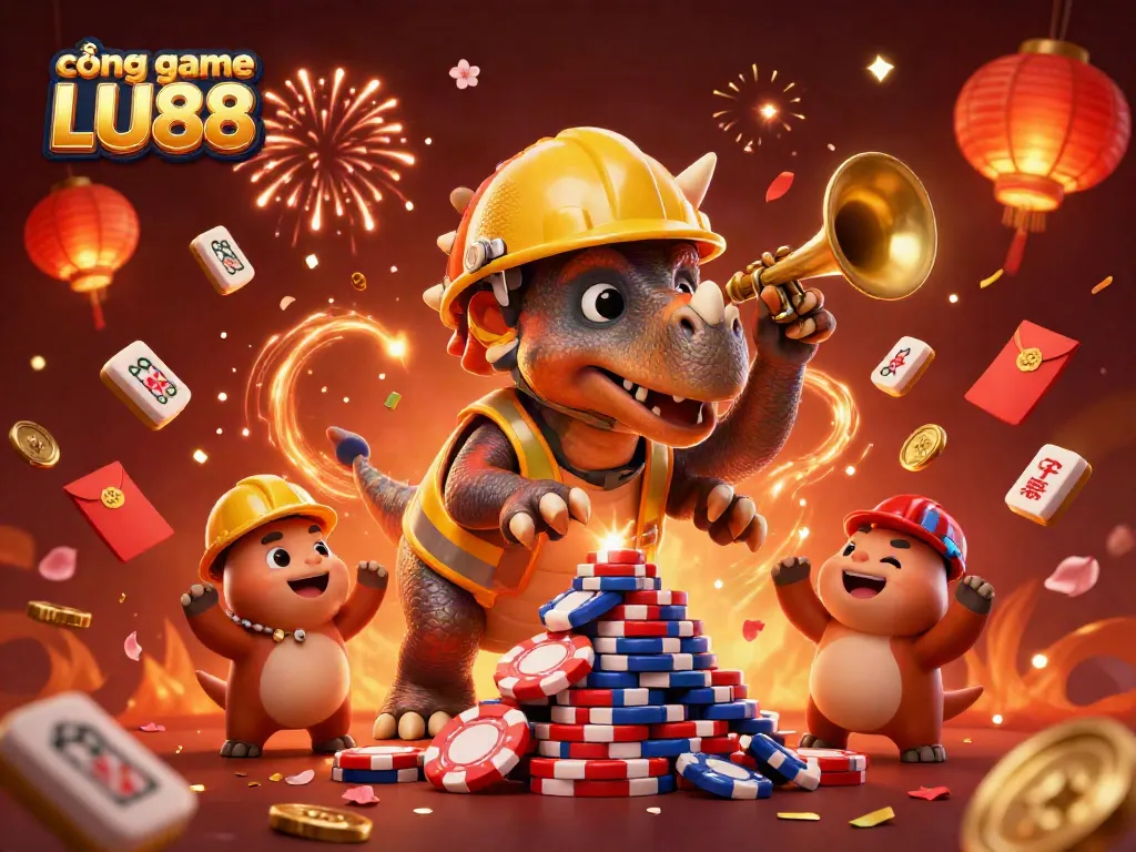 Experience the thrill of cổng game LU88 with a vibrant casino-themed celebration illustrated in 3D.