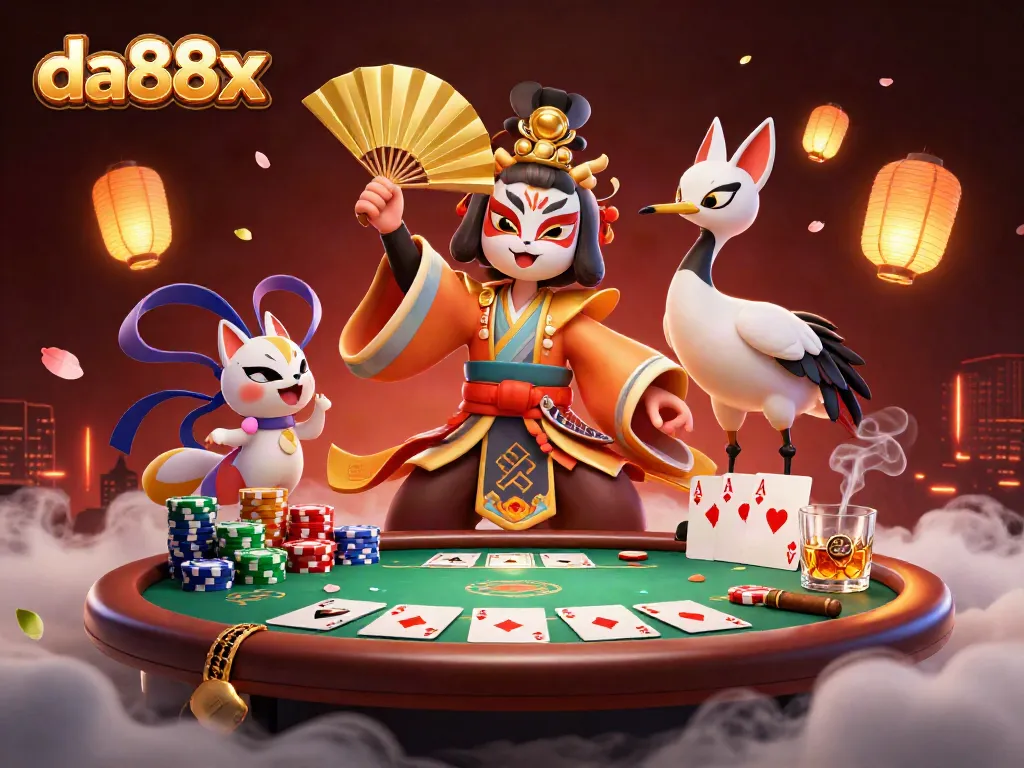 Engage in a lively poker scene with da88x featuring kabuki warrior and kitsune in a vibrant atmosphere.