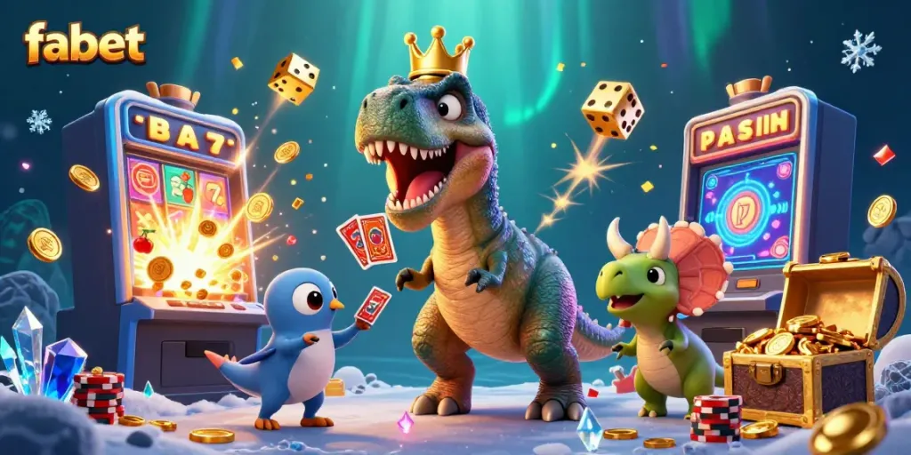 Experience fabet's thrilling slots with engaging characters and vibrant casino elements in this dynamic illustration.