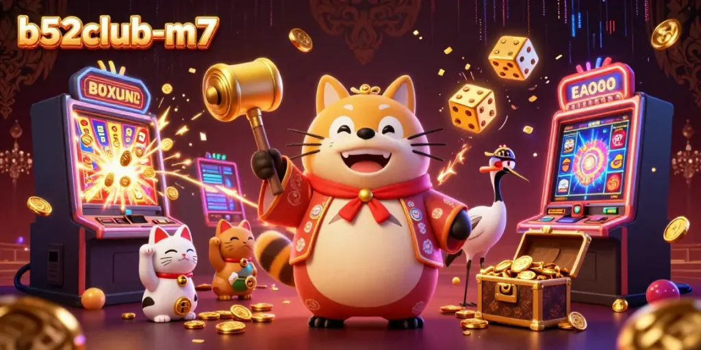 Spin and win at b52club-m7 with a festive tanuki, cranes, and lucky symbols!