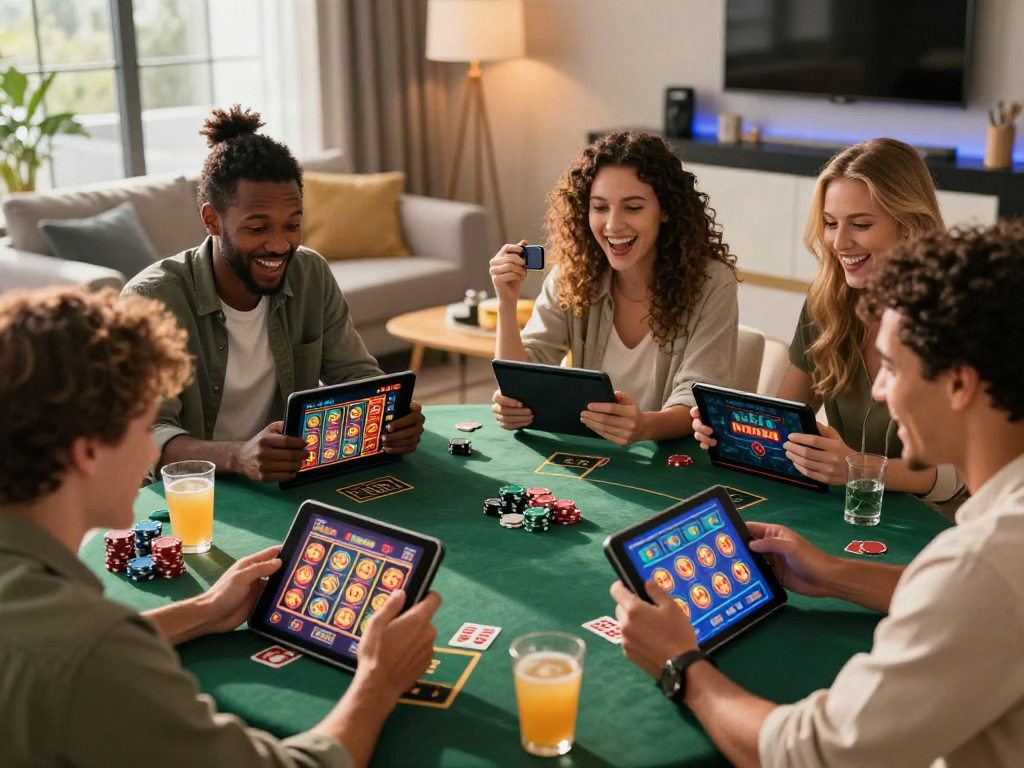 Des amis célébrant leurs gains sur un casino en ligne sans wager dans un salon convivial, ambiance joyeuse et colorée.