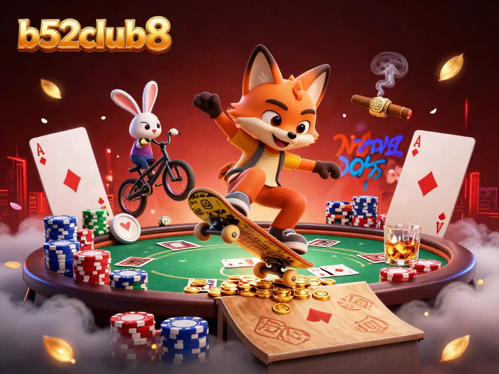Engage in thrilling gameplay with b52club8, showcasing a vibrant casino scene with dynamic characters.