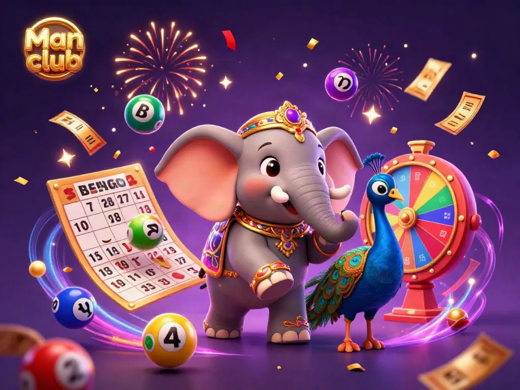 Man club's vibrant 3D celebration scene featuring lottery elements, golden bingo cards, and festive decorations.