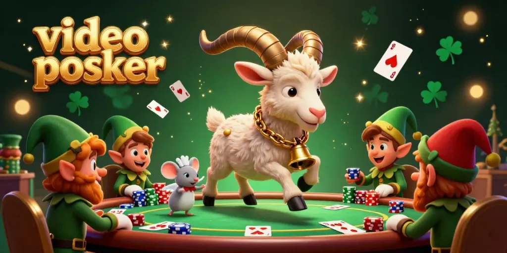 Experience video poker thrills with a festive Krampus goat managing a chaotic casino heist scene.