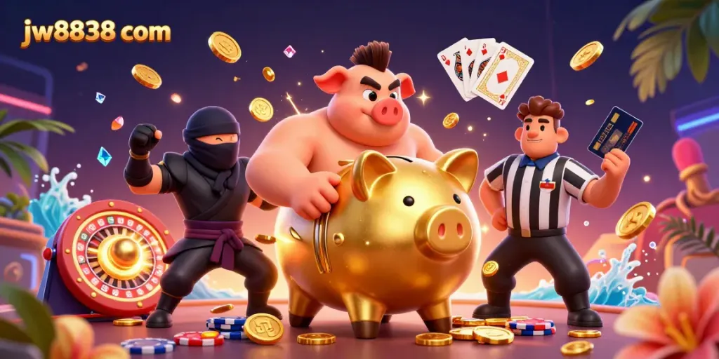 Experience thrilling moments at jw8838 com with a dynamic scene of engaging casino elements and characters in action.