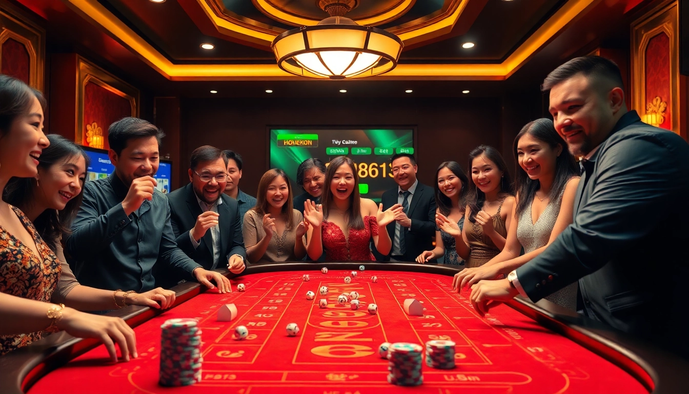 Players enjoying a thrilling game of tài xỉu md5 at a luxurious casino table.