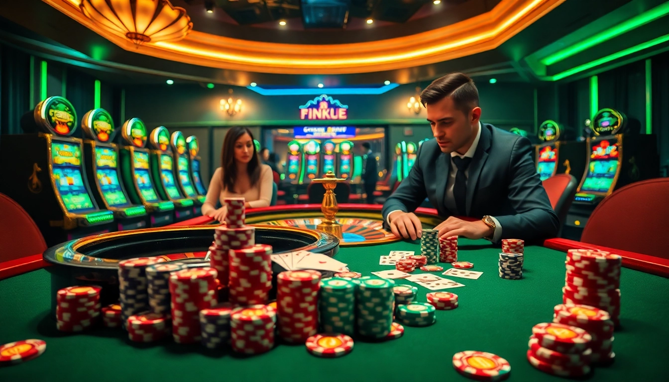 F8bet casino players enjoying a thrilling game at a luxurious table with chips and cards.