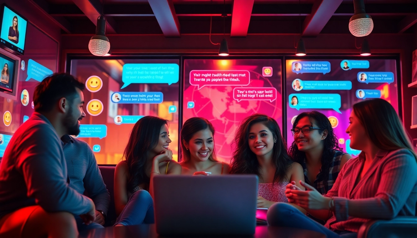 Engaging individuals in a vibrant online sex chat setting filled with colorful digital interactions.