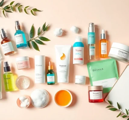 Koreanska hudvårdsprodukter vackert arrangerade för onlinehandel - Koreansk hudvård online.