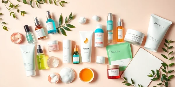 Koreanska hudvårdsprodukter vackert arrangerade för onlinehandel - Koreansk hudvård online.