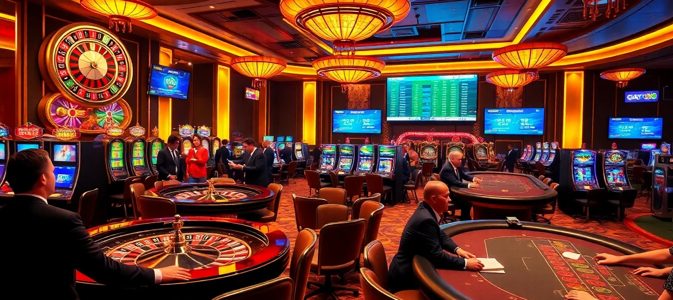 An engaging casino scene showcasing players at https://ga888.mom with roulette wheels and poker tables.