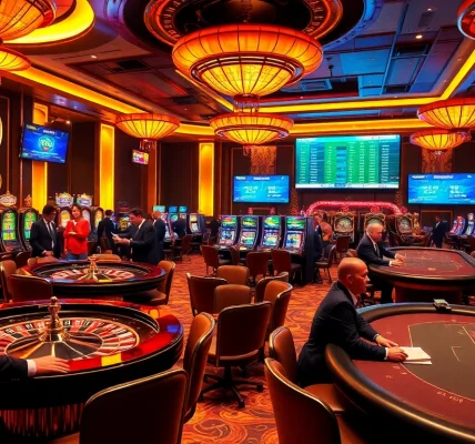 An engaging casino scene showcasing players at https://ga888.mom with roulette wheels and poker tables.