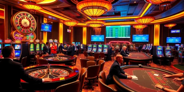 An engaging casino scene showcasing players at https://ga888.mom with roulette wheels and poker tables.