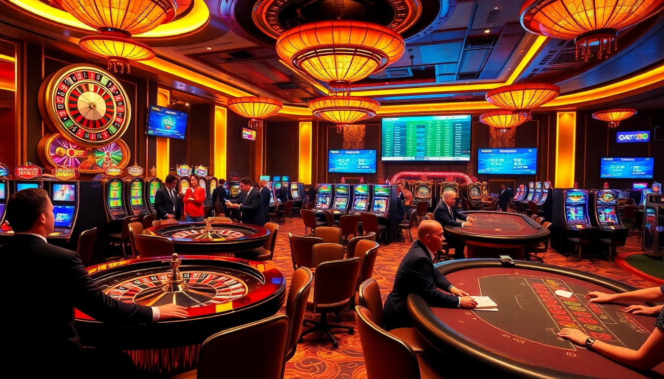 An engaging casino scene showcasing players at https://ga888.mom with roulette wheels and poker tables.