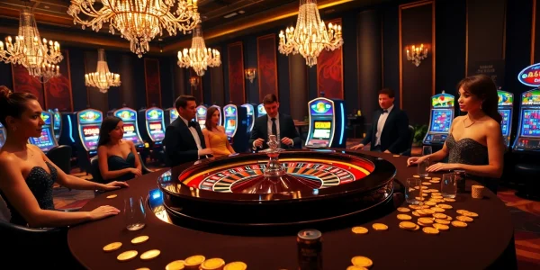 Exciting casino atmosphere showcasing nk88 bio with roulette, poker chips, and glamorous players.