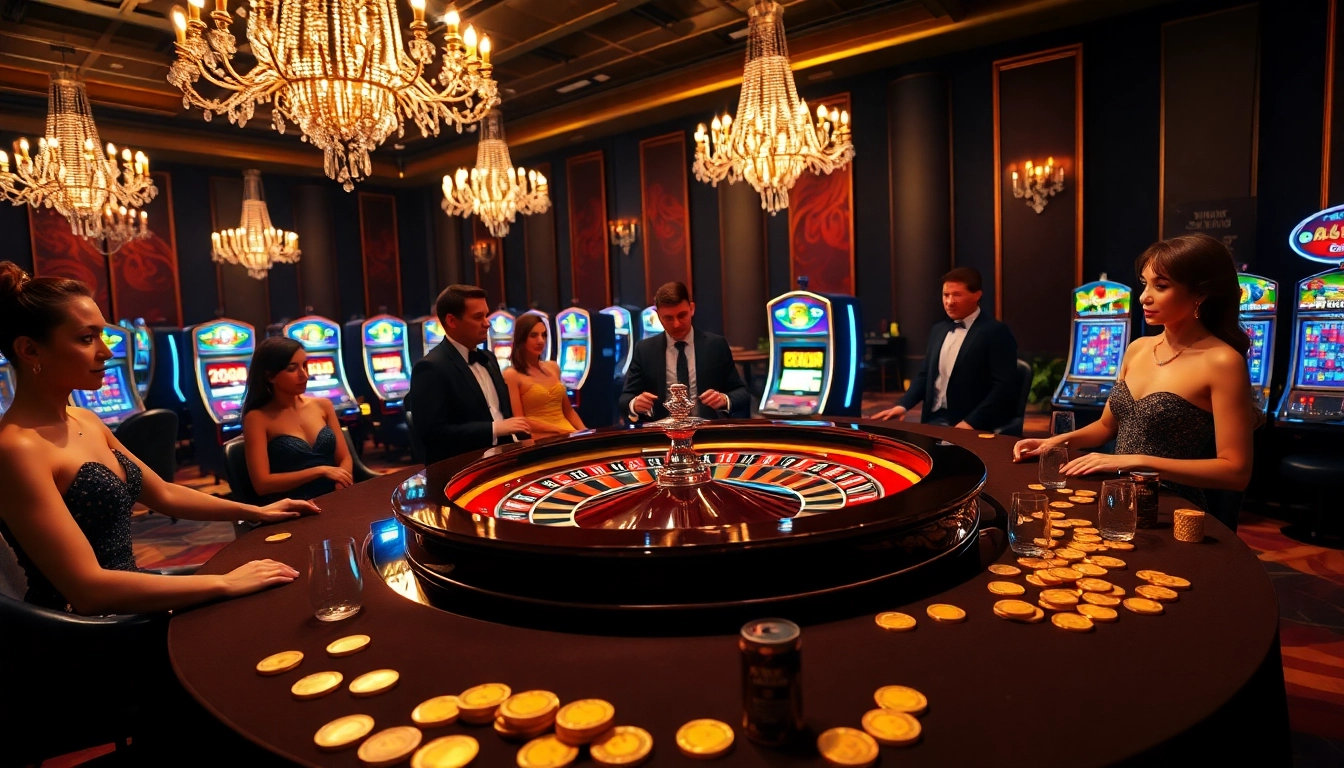 Exciting casino atmosphere showcasing nk88 bio with roulette, poker chips, and glamorous players.