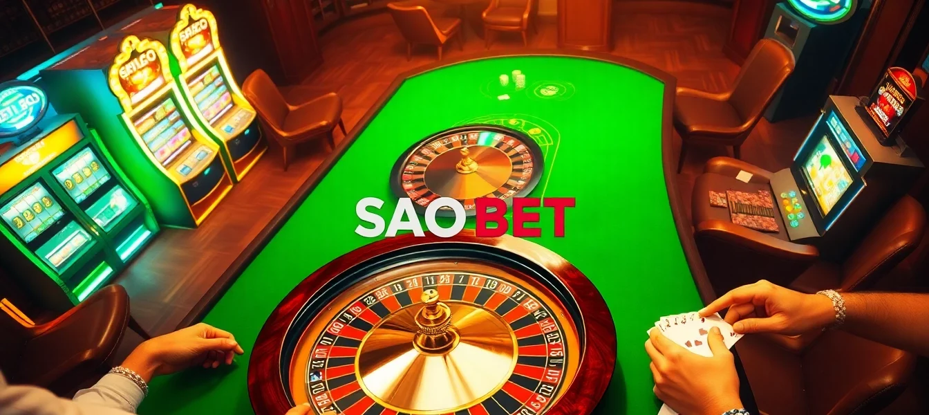 Players enjoy a thrilling game of poker at SAO BET casino, with vibrant chips and cards enhancing the excitement.