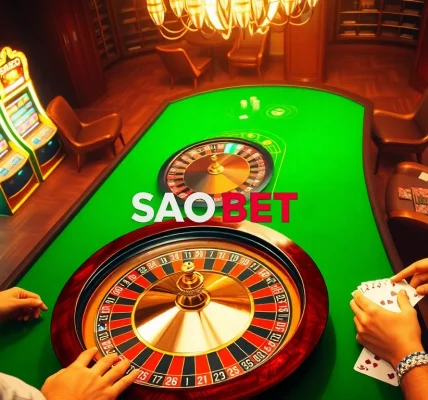 Players enjoy a thrilling game of poker at SAO BET casino, with vibrant chips and cards enhancing the excitement.