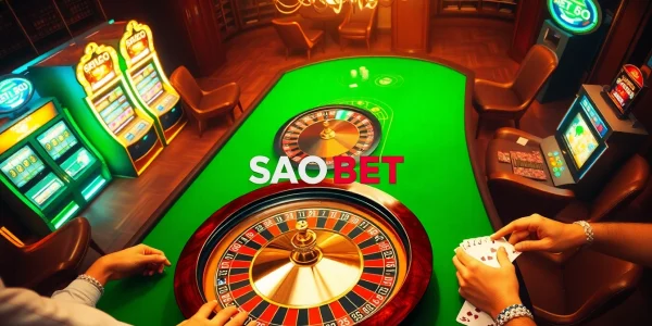 Players enjoy a thrilling game of poker at SAO BET casino, with vibrant chips and cards enhancing the excitement.