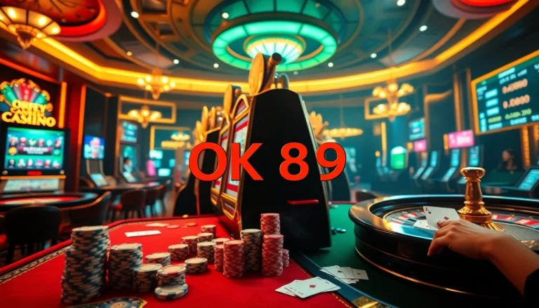 OK789 casino excitement with slot machines and vibrant gaming elements.