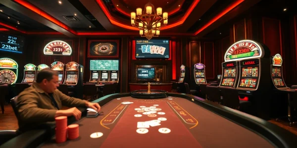 Intense gaming action at a casino highlighting link 12bet with vibrant slot machines and poker tables.