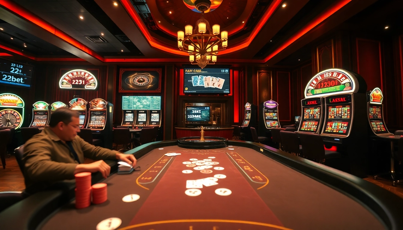 Intense gaming action at a casino highlighting link 12bet with vibrant slot machines and poker tables.