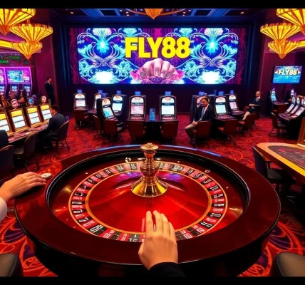 FLY88 casino scene with roulette table and slot machines, full of excitement.
