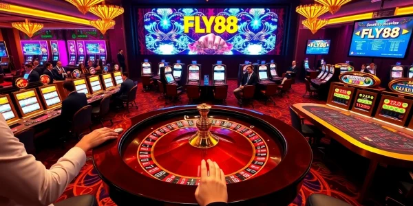 FLY88 casino scene with roulette table and slot machines, full of excitement.