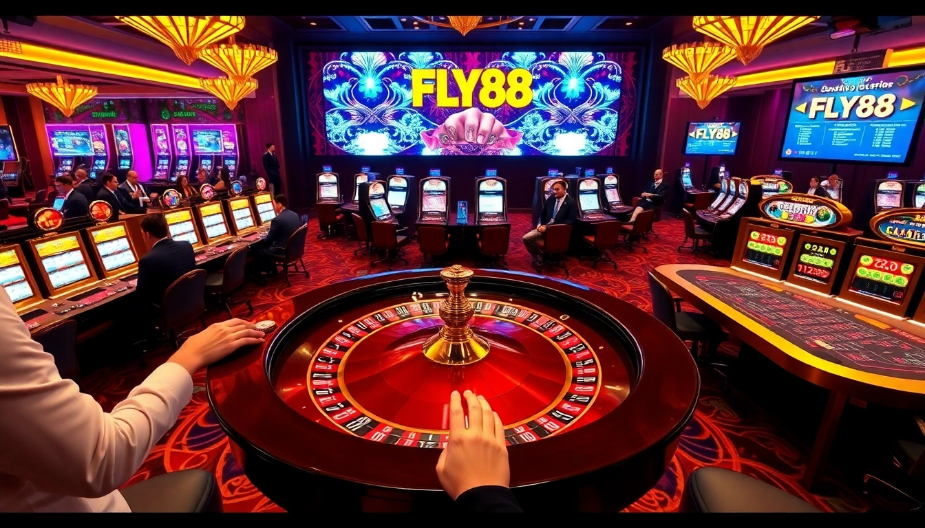 FLY88 casino scene with roulette table and slot machines, full of excitement.