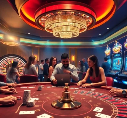 Players enjoying a vibrant online casino experience at https://cf789.lat with poker chips and roulette wheels.