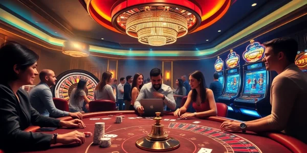 Players enjoying a vibrant online casino experience at https://cf789.lat with poker chips and roulette wheels.