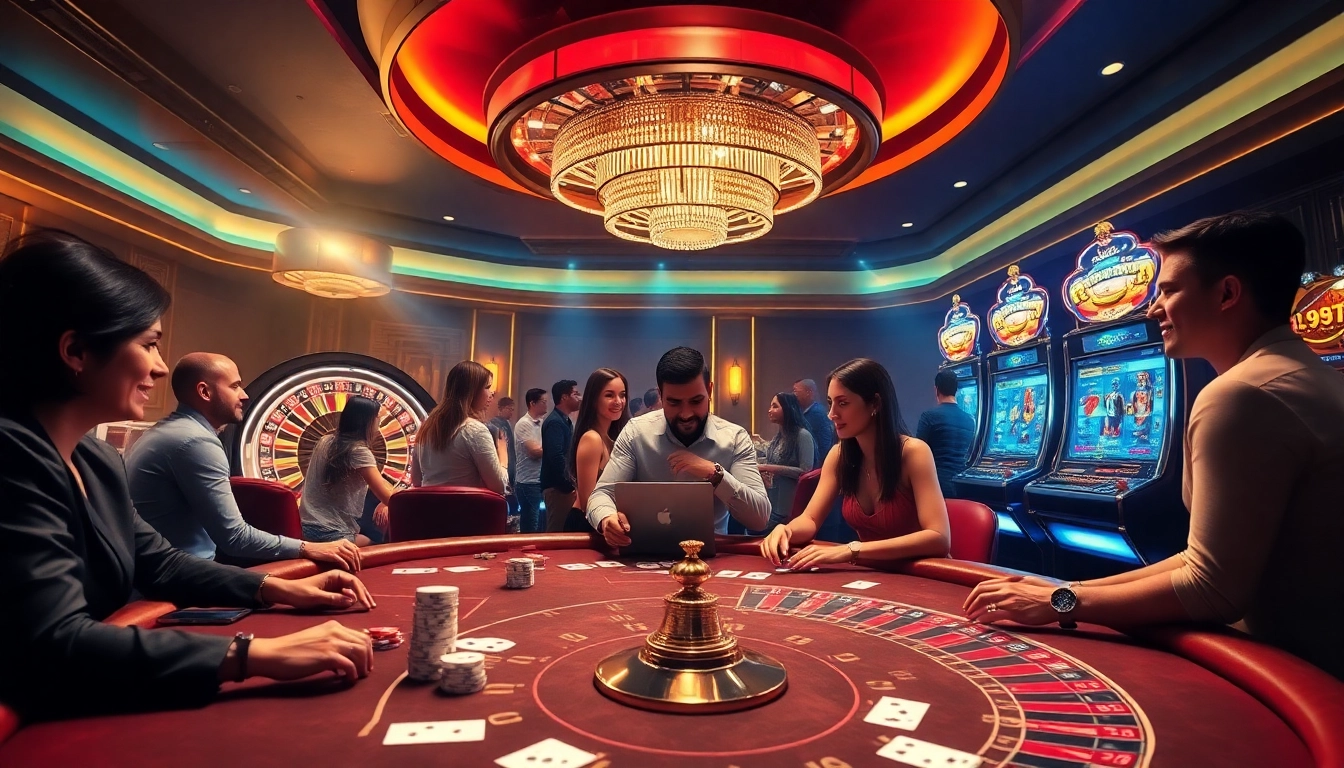 Players enjoying a vibrant online casino experience at https://cf789.lat with poker chips and roulette wheels.