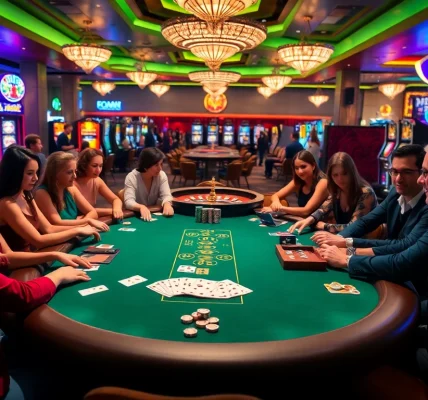 Sparking excitement at https://topclub.space/ casino with vibrant poker tables and slot machines.