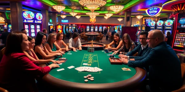 Sparking excitement at https://topclub.space/ casino with vibrant poker tables and slot machines.