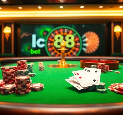 A vibrant casino scene showcasing players in action at the table focused on lc88 bet surrounded by poker chips and roulette wheel.