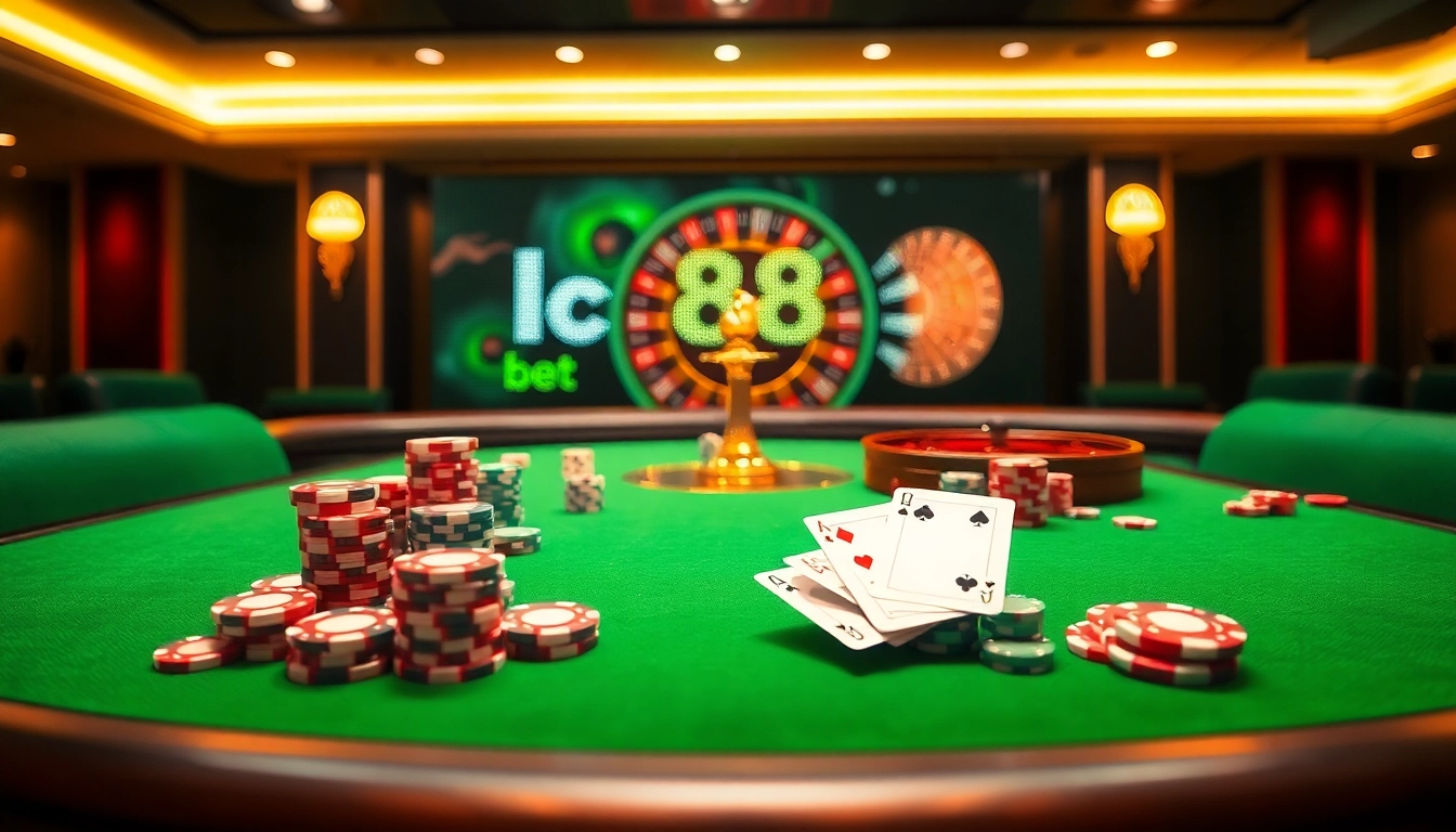 A vibrant casino scene showcasing players in action at the table focused on lc88 bet surrounded by poker chips and roulette wheel.