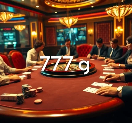 Gamblers enjoying a vibrant 777g casino experience at a poker table with chips and cards.