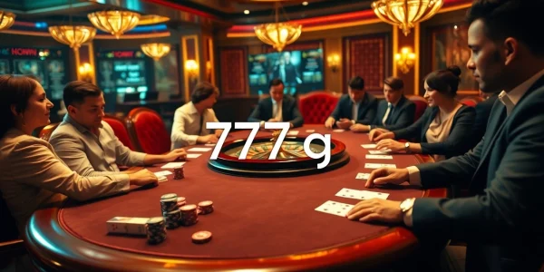 Gamblers enjoying a vibrant 777g casino experience at a poker table with chips and cards.