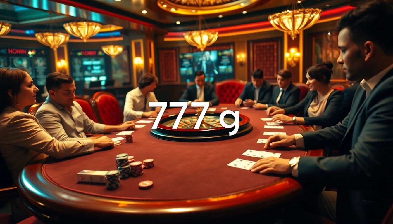 Gamblers enjoying a vibrant 777g casino experience at a poker table with chips and cards.