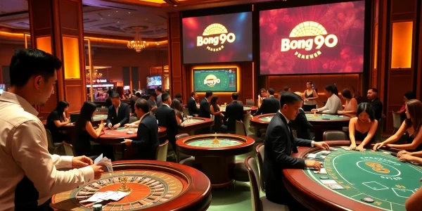Players enjoying a thrilling game at https://bong99.pro/ with casino tables and dealers.
