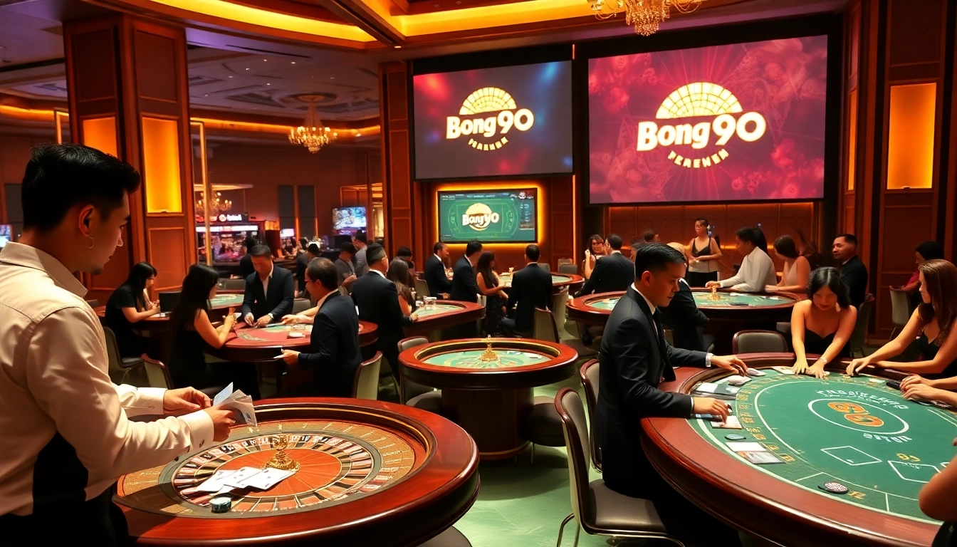 Players enjoying a thrilling game at https://bong99.pro/ with casino tables and dealers.