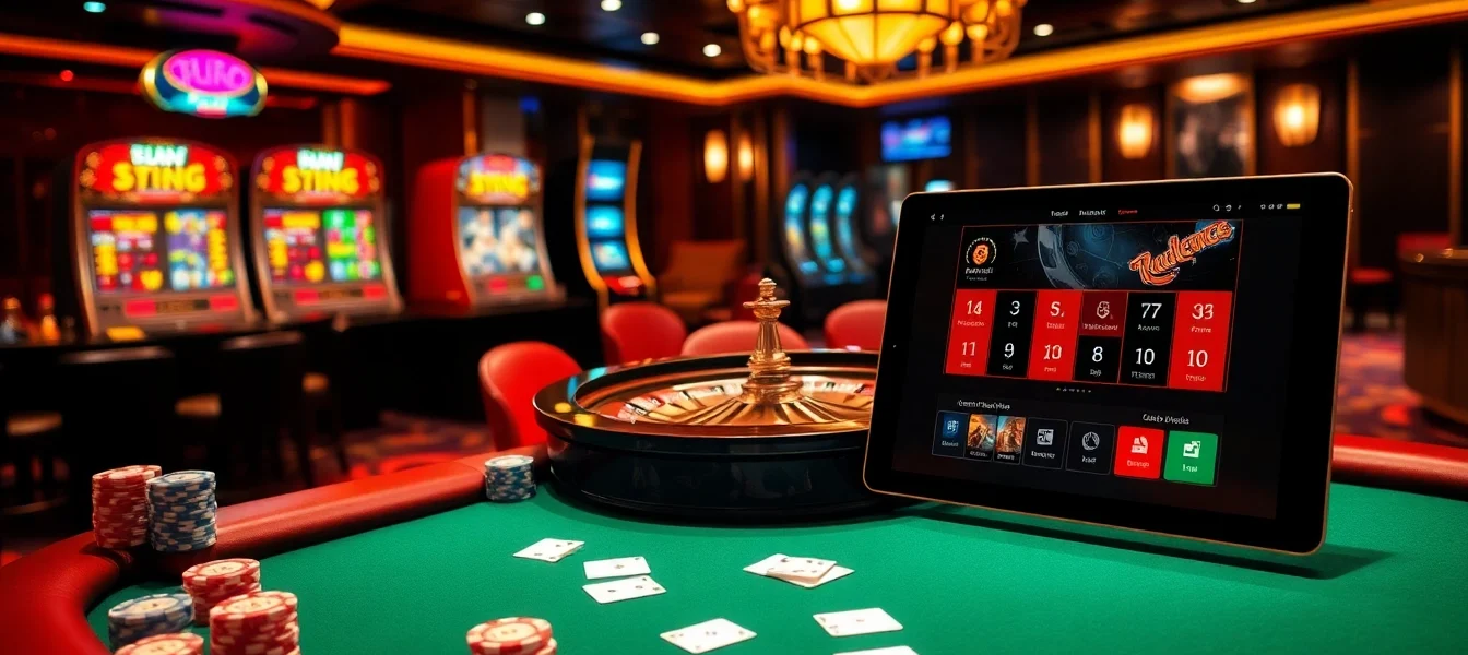 The thrilling atmosphere of nhà cái 789BET, showcasing a roulette table and poker game with vibrant gaming elements.