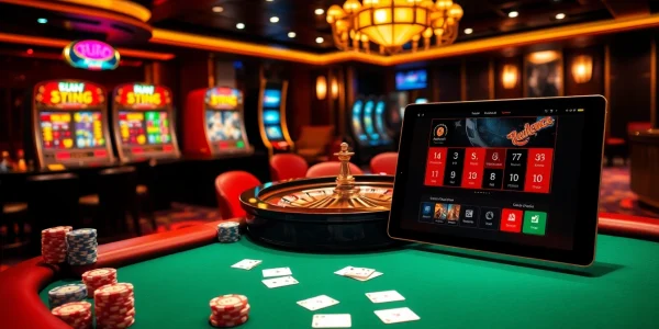 The thrilling atmosphere of nhà cái 789BET, showcasing a roulette table and poker game with vibrant gaming elements.