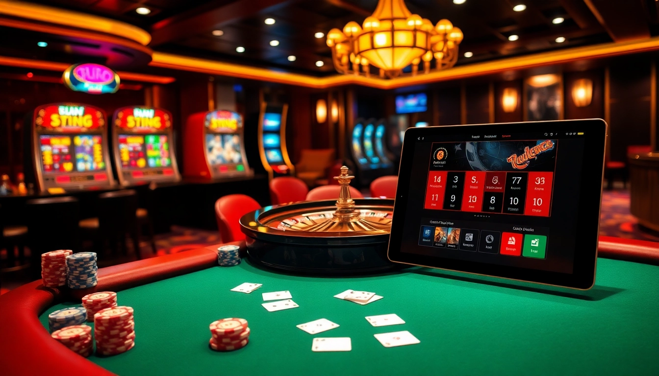The thrilling atmosphere of nhà cái 789BET, showcasing a roulette table and poker game with vibrant gaming elements.