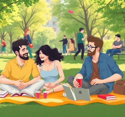 Représentation de divers styles de vie dans un parc urbain, illustrant le bien-être et la convivialité.