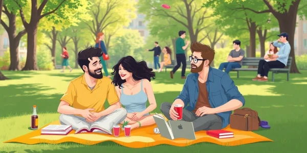 Représentation de divers styles de vie dans un parc urbain, illustrant le bien-être et la convivialité.