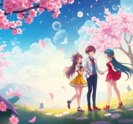 Anime sex playful fantasy illustrated scene with vibrant characters and whimsical landscape.