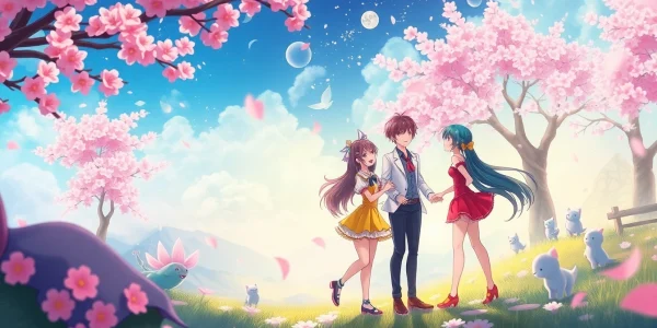 Anime sex playful fantasy illustrated scene with vibrant characters and whimsical landscape.