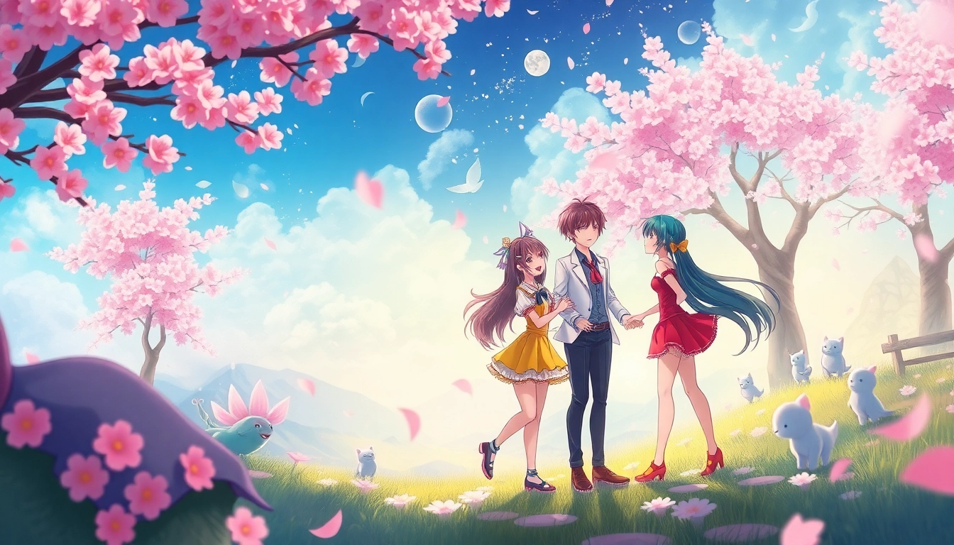 Anime sex playful fantasy illustrated scene with vibrant characters and whimsical landscape.