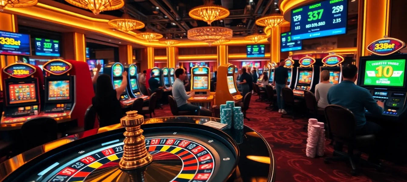 Experience the excitement of 333bet with a lively casino scene showcasing roulette and slot machines.